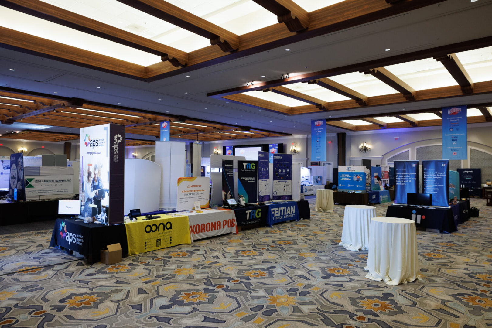 A convention with stalls and equipment